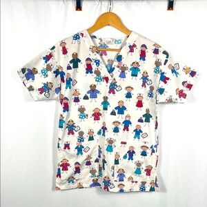 VINTAGE 90’s MEDLINE Women’s XS Playful Character Print‎ Scrub Top Short Sleeve